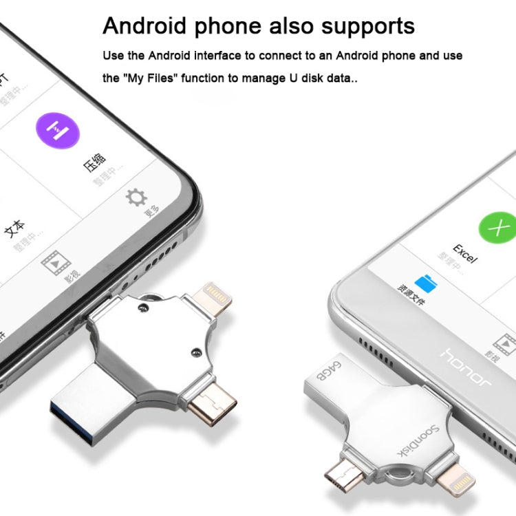 4 in 1 64GB USB 3.0 + 8 Pin + Mirco USB + USB-C / Type-C Dual-use Flash Drive with OTG Function — view 4