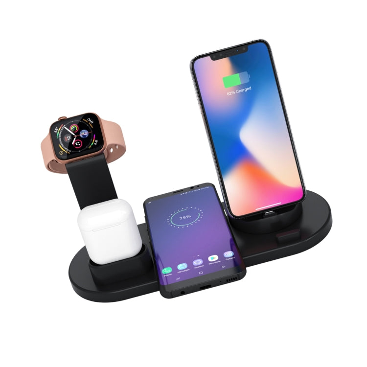 HQ-UD15 5 in 1 8 Pin + Micro USB + USB-C / Type-C Interfaces + 8 Pin Earphone Charging Interface + Wireless Charging Charger Base with Watch Stand — with wireless charging Black