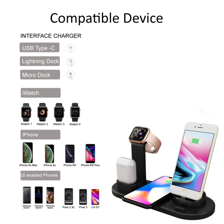 HQ-UD15 5 in 1 8 Pin + Micro USB + USB-C / Type-C Interfaces + 8 Pin Earphone Charging Interface + Wireless Charging Charger Base with Watch Stand — with wireless charging Silver