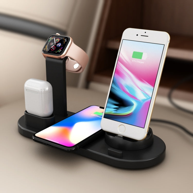 HQ-UD15 5 in 1 8 Pin + Micro USB + USB-C / Type-C Interfaces + 8 Pin Earphone Charging Interface + Wireless Charging Charger Base with Watch Stand — Black