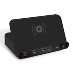 828W 7 in 1 60W QC 3.0 USB Interface + 4 USB Ports + USB-C / Type-C Interface + Wireless Charging Multi-function Charger with Mobile Phone Holder Function, UK Plug — UK Plug Black