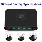 828W 7 in 1 60W QC 3.0 USB Interface + 4 USB Ports + USB-C / Type-C Interface + Wireless Charging Multi-function Charger with Mobile Phone Holder Function, UK Plug — Black