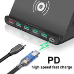 828W 7 in 1 60W QC 3.0 USB Interface + 4 USB Ports + USB-C / Type-C Interface + Wireless Charging Multi-function Charger with Mobile Phone Holder Function, UK Plug — White