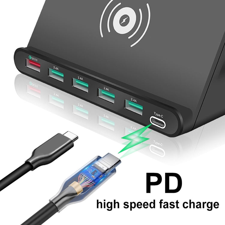 828W 7 in 1 60W QC 3.0 USB Interface + 4 USB Ports + USB-C / Type-C Interface + Wireless Charging Multi-function Charger with Mobile Phone Holder Function, UK Plug — White
