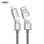REMAX RC-020t 2.4A Aurora Series 4 in 1 8 Pin + USB +2 x Type-C Data Snyc Charging Cable, Cable Length: 1m — Silver
