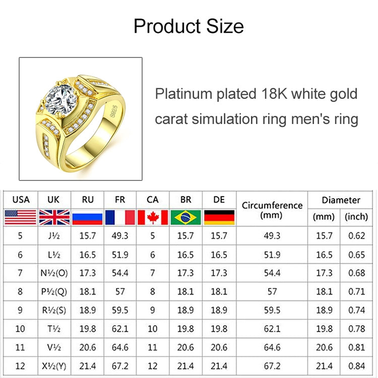Fashion Businessman 18K White Gold Plated + AAA Zircon Men Diamond Ring, Size: 7, Perimeter: 54.5mm, Diameter: 17.3mm