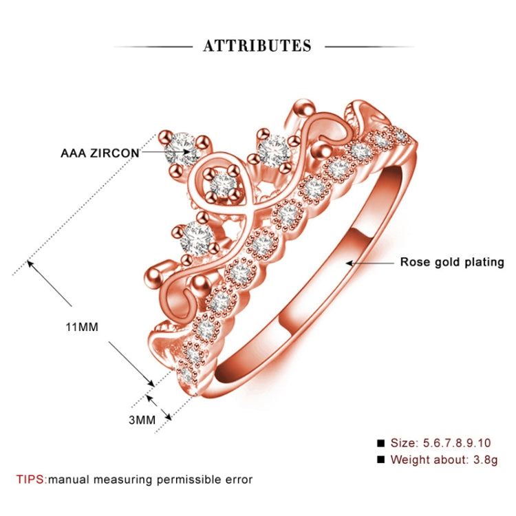 Princess Queen Crown-shaped Rose Gold Plated Zircon Ring, US Size: 6, Diameter: 16.5mm, Perimeter: 51.9mm