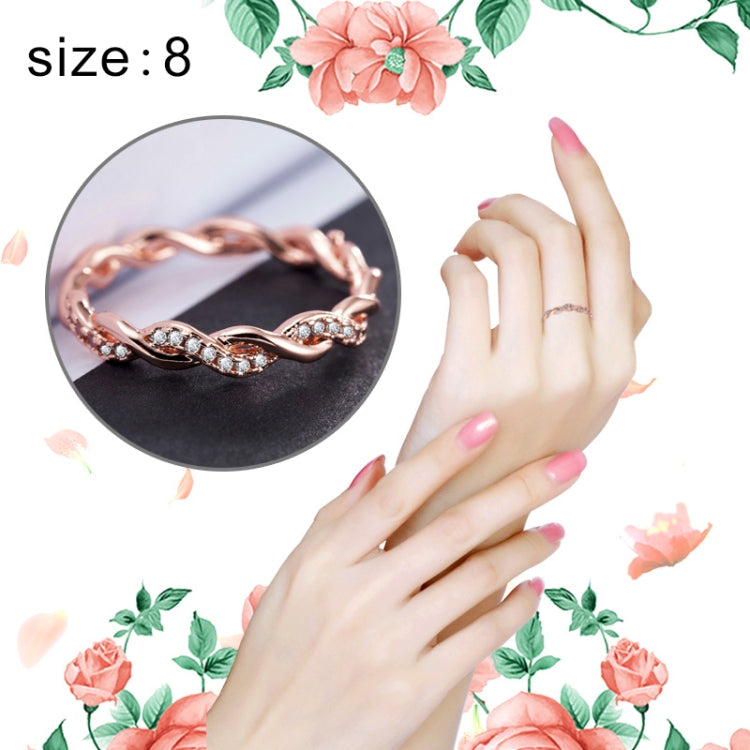 Simple Stylish Ladies Full Rhinestone Twist Modelling Ring(US Size:8) — Rose Gold