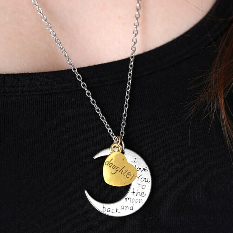 Half-Moon-Shaped Alloy Plated Pendant Necklace With Greetings Engraved At The Backside For Family, Diameter 3cm, Perimeter 9.4cm(Silver+Gold For daughter)