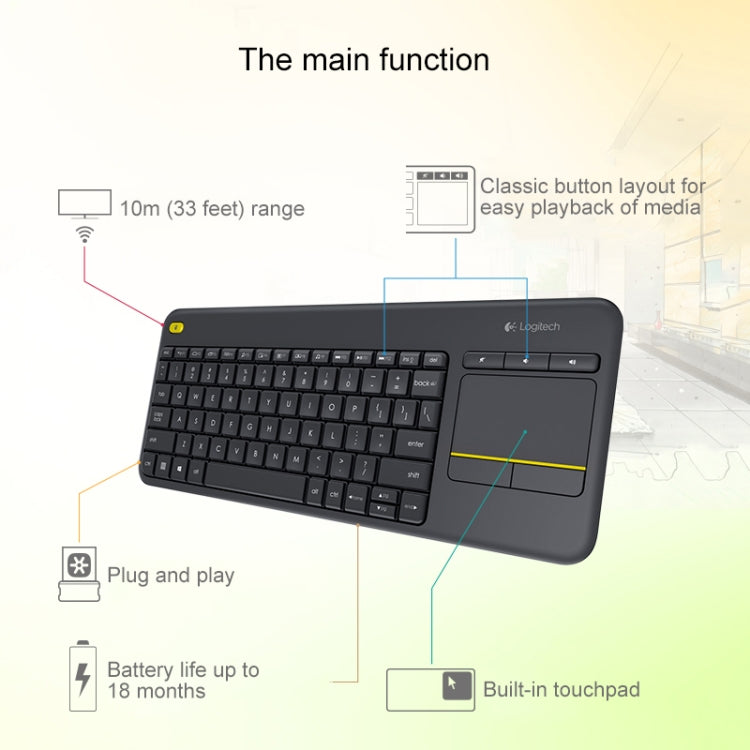2.4GHz Wireless Touch Control Keyboard, Wireless Range: 10m, Logitech K400 Plus
