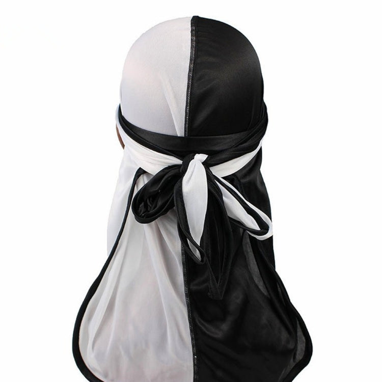 Double-coloured Silk Satin Long-tailed Pirate Hat Turban Cap Chemotherapy Cap — White Blue