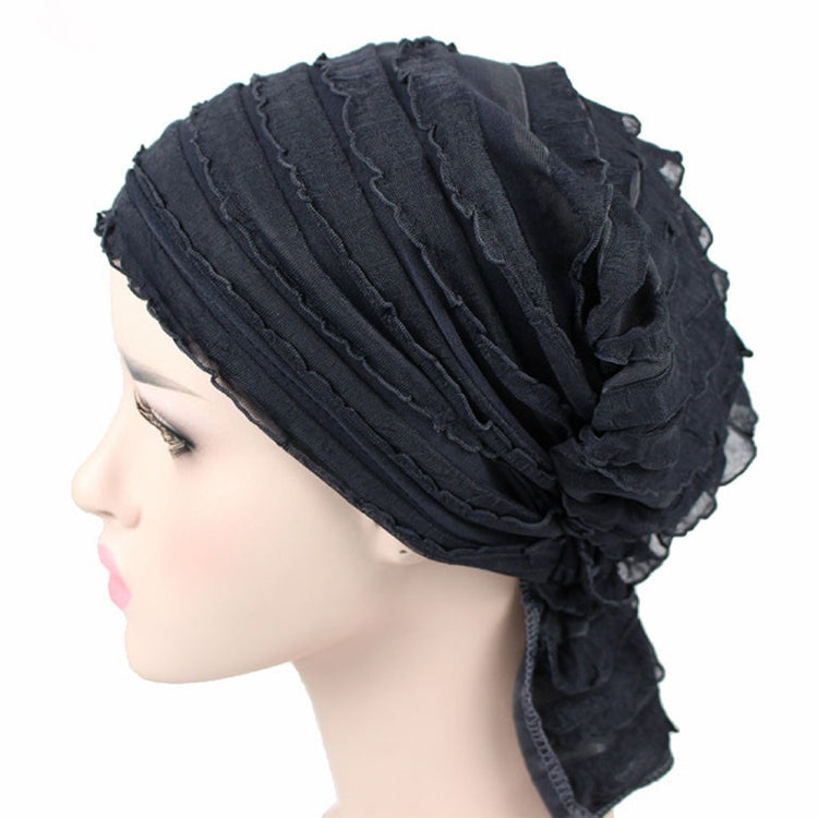 Muslim Stacking Cap Chiffon Fold Turban Cap Chemotherapy Cap — Navy Blue