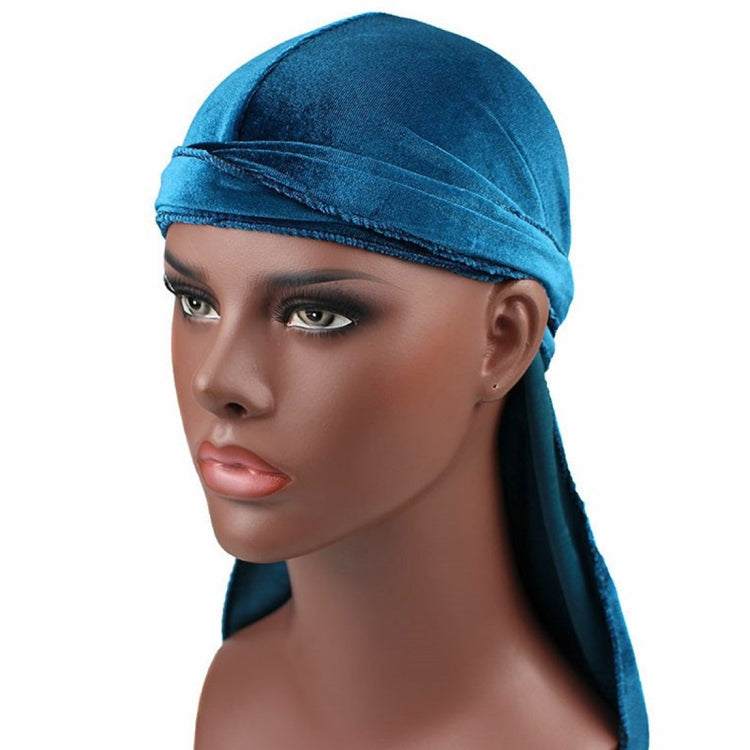 Velvet Turban Cap Long-tailed Pirate Hat Chemotherapy Cap — Peacock Blue