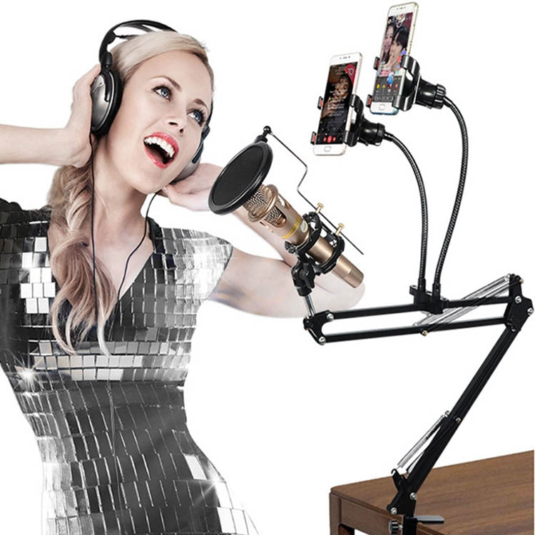 K Song Bracket 360 Degree Direction Cantilever Multifunctional Lazy Microphone Live Broadcast Bracket, Dual Mobile Phone