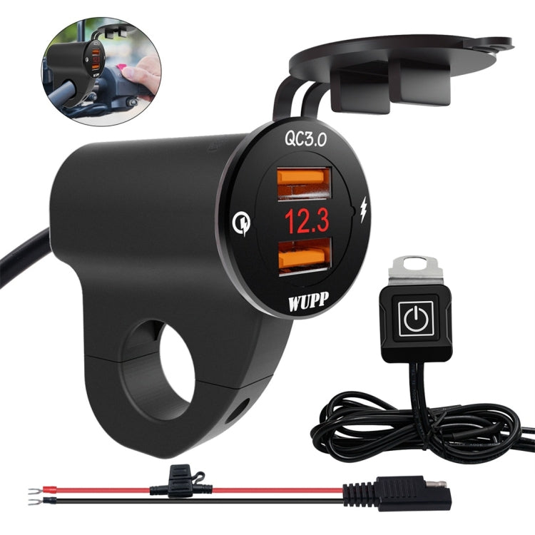WUPP ZH-975A3 Motorcycle Aluminum Alloy Waterproof Mobile Phone Double QC3.0 Quick Charging Charger with Voltmeter