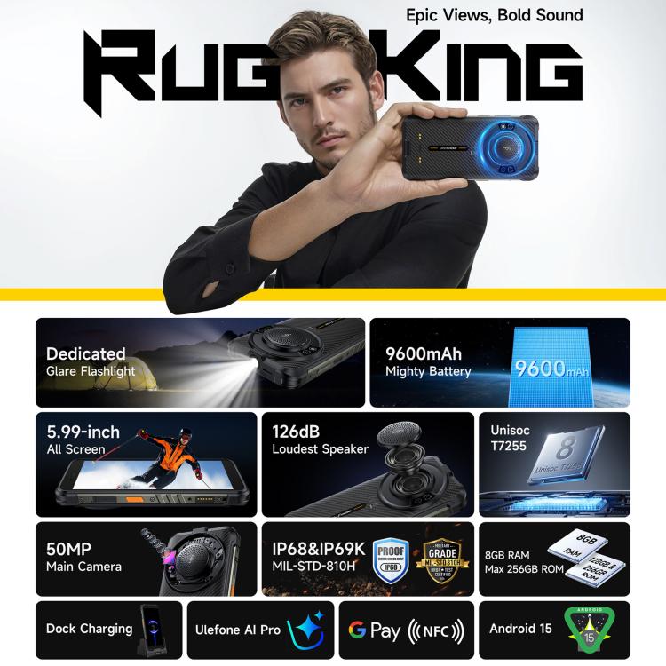 Ulefone RugKing, 8GB+128GB, IP68/IP69K Rugged Phone, 5.99 inch Android 15 Unisoc T7255 Octa Core, Network: 4G, NFC, OTG, RugKing, 8GB+128GB