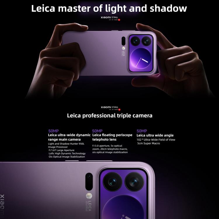 Xiaomi 17 Pro, 3D Ultrasonic Fingerprint, 6.3 inch Xiaomi HyperOS 3 Snapdragon 8 Elite Gen 5 Octa Core, NFC, Network: 5G, 16GB+512GB