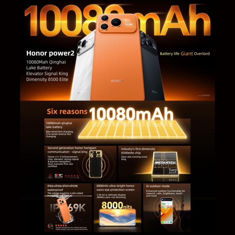 Honor Power2, 10080mAh Battery, 6.79 inch MagicOS 10.0 / Android 16 Dimensity 8500 Elite Octa Core, Network: 5G, NFC, OTG, 12GB+512GB