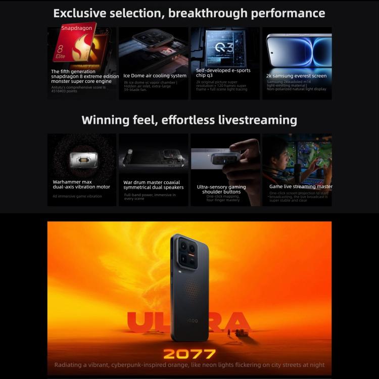 vivo iQOO 15 Ultra, Ultrasonic 3D Fingerprint, 6.85 inch Android 16 OriginOS 6 Snapdragon 8 Elite Gen 5 Octa Core, OTG, NFC, Network: 5G, Support Google Play, 16GB+256GB