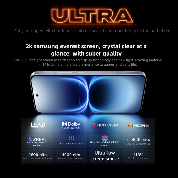 vivo iQOO 15 Ultra, Ultrasonic 3D Fingerprint, 6.85 inch Android 16 OriginOS 6 Snapdragon 8 Elite Gen 5 Octa Core, OTG, NFC, Network: 5G, Support Google Play, 16GB+512GB
