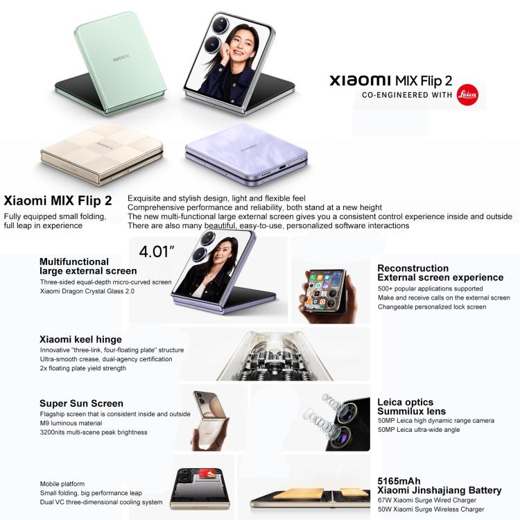 Xiaomi MIX Flip 2, 6.86 inch + 4.01 inch Xiaomi HyperOS 2 Snapdragon 8 Elite Octa Core, NFC, Network: 5G, 12GB+256GB