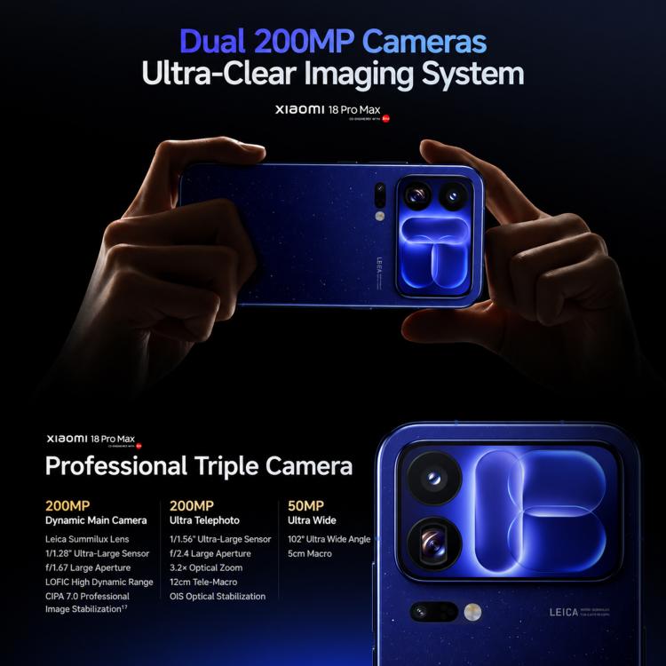 Xiaomi 18 Pro Max, 3D Ultrasonic Fingerprint, 6.9 inch + 2.9 inch Xiaomi HyperOS 4 Snapdragon 8 Elite Gen 6 Octa Core, NFC, Network: 5G, 16GB+512GB