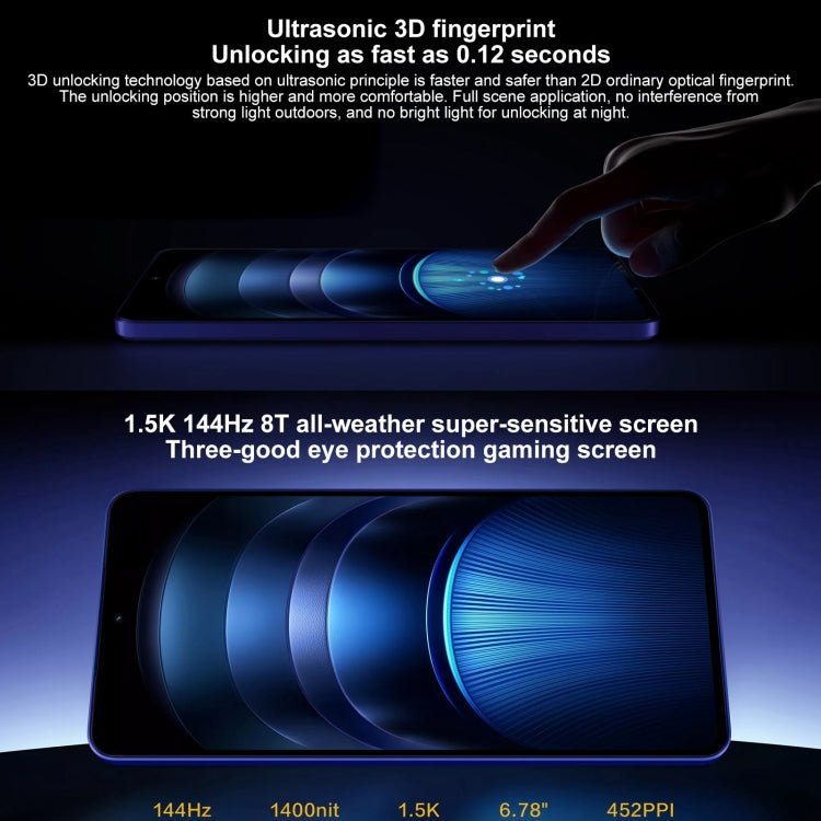 vivo iQOO Neo9S Pro+, Face ID & Ultrasonic 3D Fingerprint Identification, 6.78 inch Android 14 OriginOS 4 Snapdragon 8 Gen 3 Octa Core 2.63GHz, OTG, NFC, Network: 5G, Support Google Play, 12GB+256GB