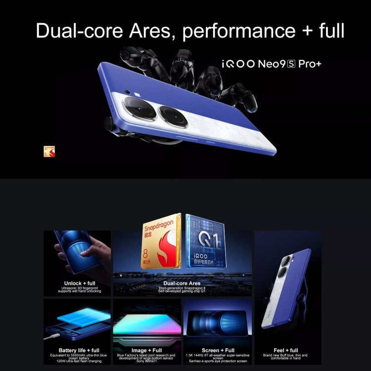 vivo iQOO Neo9S Pro+, Face ID & Ultrasonic 3D Fingerprint Identification, 6.78 inch Android 14 OriginOS 4 Snapdragon 8 Gen 3 Octa Core 2.63GHz, OTG, NFC, Network: 5G, Support Google Play, 16GB+512GB