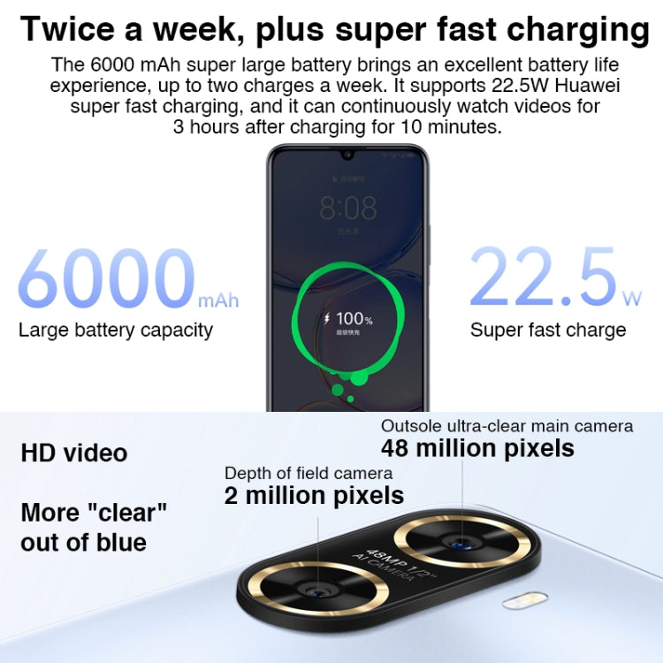 Dual Back Cameras, Face ID & Side Fingerprint Identification, 6000mAh Battery, 6.75 inch HarmonyOS 3.0 Octa Core, Network: 4G, OTG, Not Support Google Play