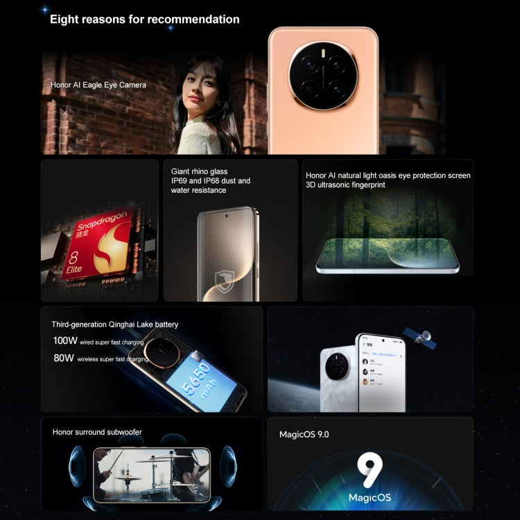 Honor Magic7, Screen Fingerprint, 6.78 inch MagicOS 9.0 / Android 15 Snapdragon 8 Elite 3nm Octa Core, Network: 5G, NFC, OTG, Not Support Google Play, 12GB+512GB