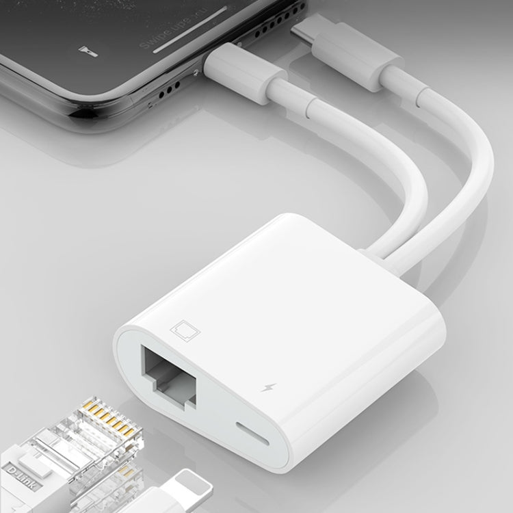 2 in 1 USB-C / Type-C + 8 Pin Male to RJ45 + 8 Pin Charging Female Interface Adapter, NK-1035 Pro