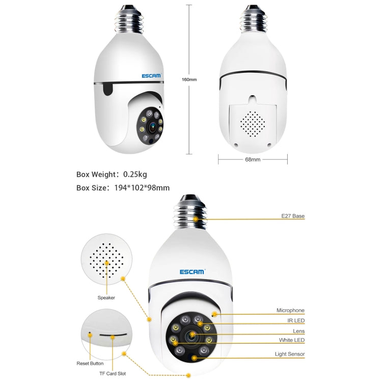 1080P HD Light Bulb WiFi Camera, Support Motion Detection, Two-way Audio, Night Vision, TF Card, ESCAM PT208