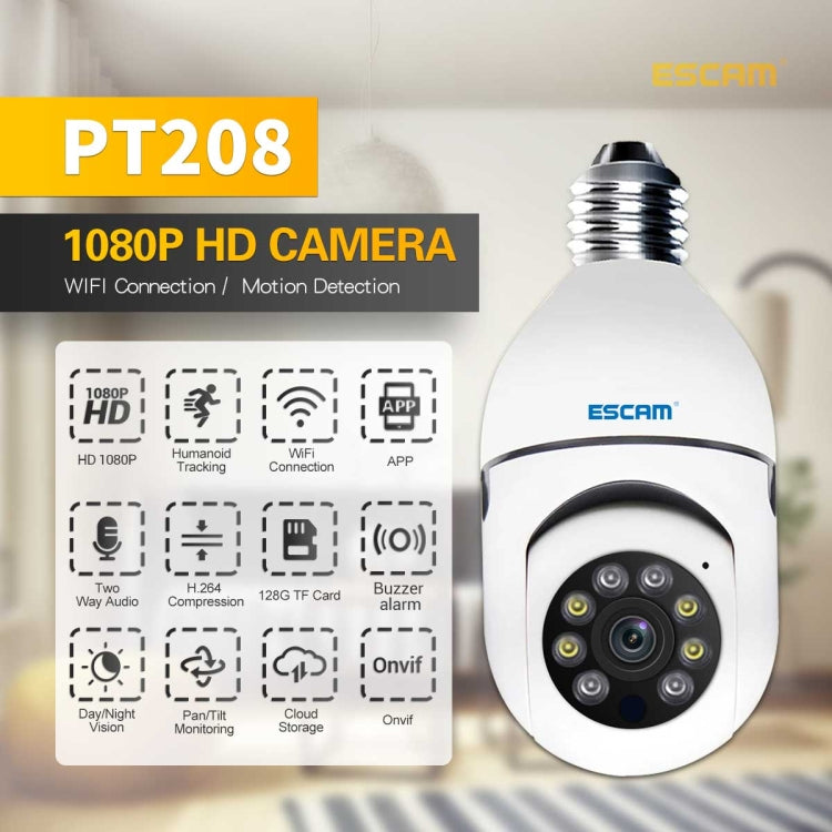 1080P HD Light Bulb WiFi Camera, Support Motion Detection, Two-way Audio, Night Vision, TF Card, ESCAM PT208