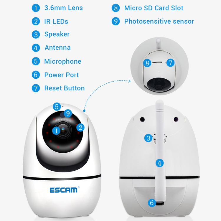 ESCAM PVR008 HD 1080P WiFi IP Camera, Support Motion Detection / Night Vision, IR Distance: 10m, AU Plug