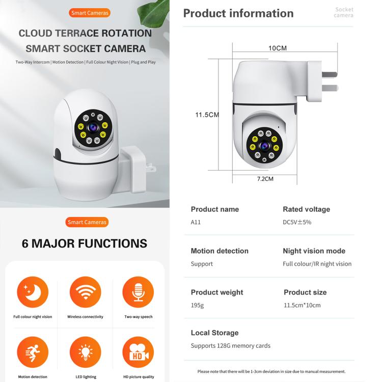 A11 WiFi Smart Home PTZ Webcam IP Camera Night Vision Monitor