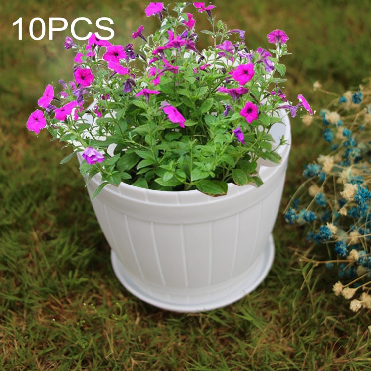 10 PCS Imitation Wooden Barrel Plastic Resin Flower Pot with Tray, Height: 13.5cm, Top Diameter: 16cm