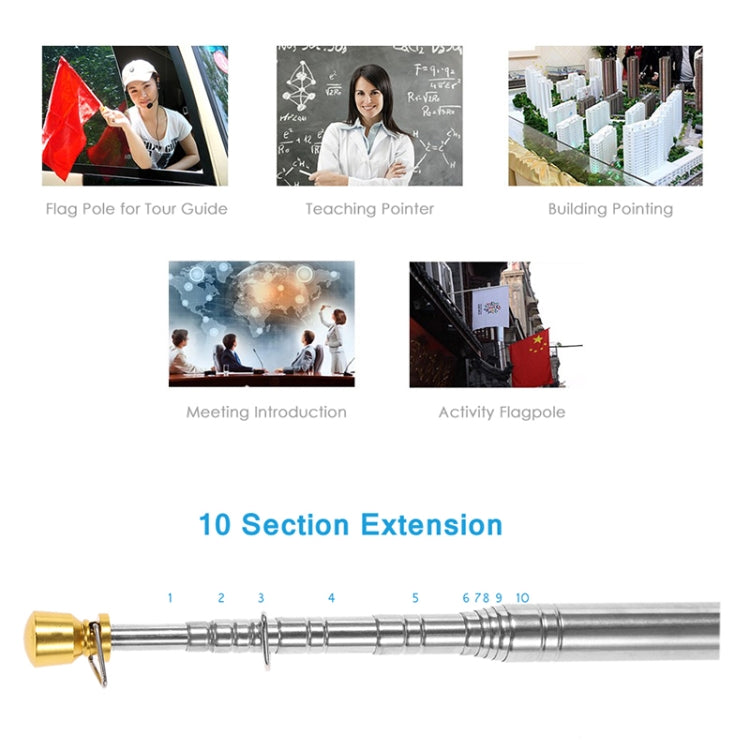 Telescopic Stainless Steel Sponge Golden Head Teaching Stick Guide Signal Flag, 1.6M 10 Knots