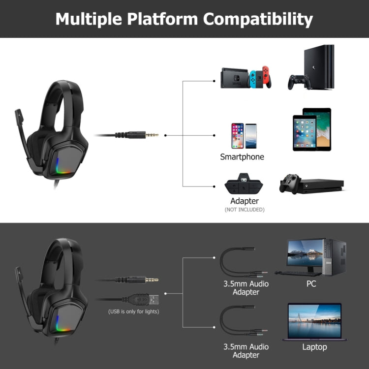 K20i Stereo Gaming Headset with Microphone RGB Light for XBox One / Laptop Tablet
