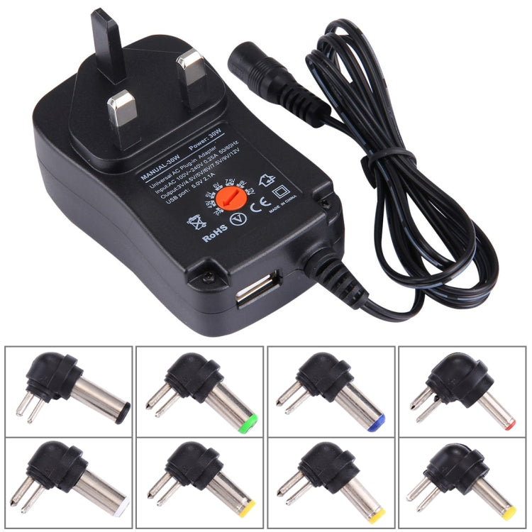 Universal 30W Power Wall Plug-in Adapter with 5V 2.1A USB Port, Tips: 8 PCS, Cable Length: About 1.2m, UK Plug