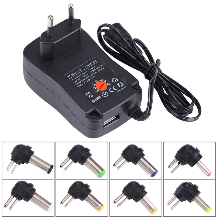 Universal 30W Power Wall Plug-in Adapter with 5V 2.1A USB Port, Tips: 6 PCS, Cable Length: About 1.2m, EU Plug