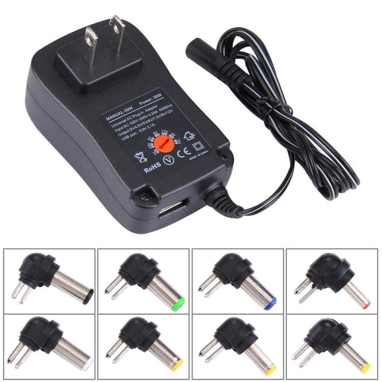 Universal 30W Power Wall Plug-in Adapter with 5V 2.1A USB Port, Tips: 6 PCS, Cable Length: About 1.2m, US Plug
