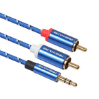 REXLIS 3610 3.5mm Male to Dual RCA Gold-plated Plug Blue Cotton Braided Audio Cable for RCA Input Interface Active Speaker, Length: 1.8m