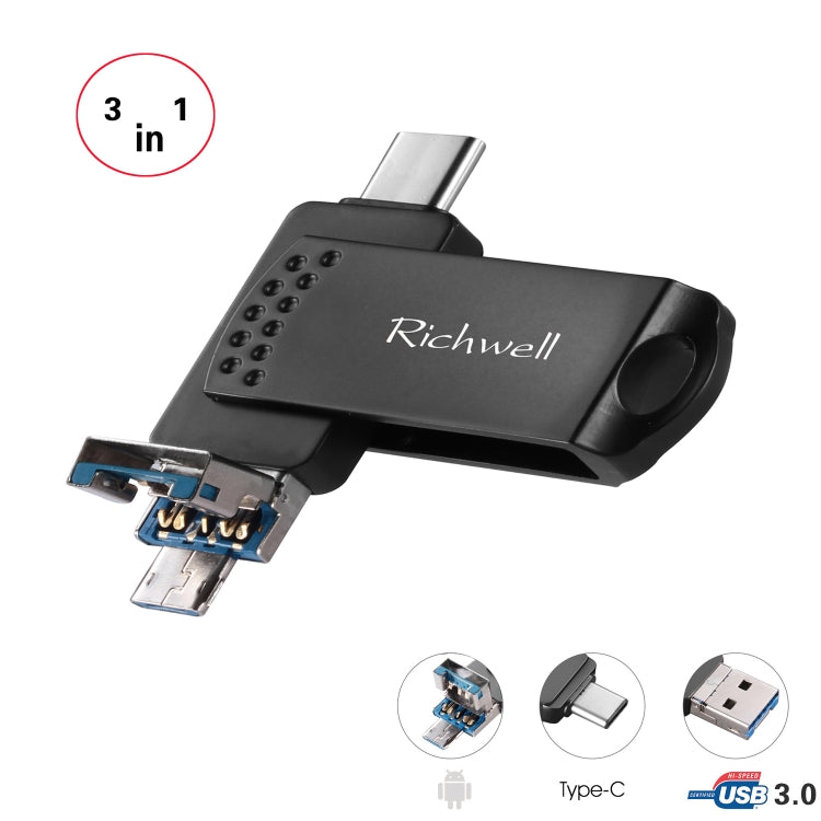 Richwell 3 in 1 32G Type-C + Micro USB + USB 3.0 Metal Flash Disk with OTG Function — Black