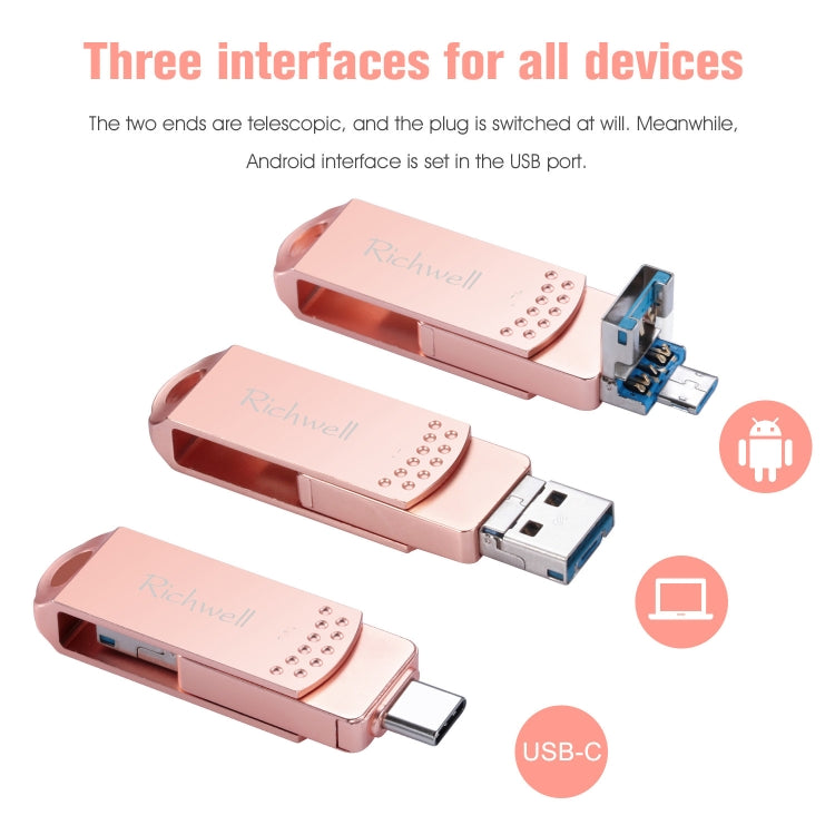 Richwell 3 in 1 32G Type-C + Micro USB + USB 3.0 Metal Flash Disk with OTG Function — Rose Gold