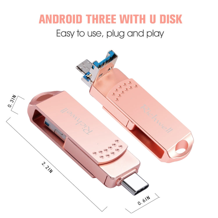 Richwell 3 in 1 32G Type-C + Micro USB + USB 3.0 Metal Flash Disk with OTG Function — Silver
