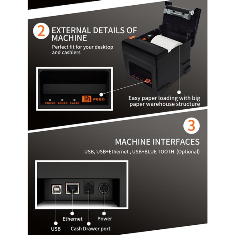 Interface Auto-cutter 80mm Thermal Receipt Printer, ZJ-8360 II USB and LAN