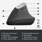 Logitech MX Vertical 4000DPI USB-C / Type-C + Unifying + Bluetooth Three-mode Ergonomic Wireless Vertical Optical Mouse