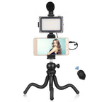 PULUZ 4 in 1 Vlogging Live Mini Octopus Bracket Kit + Studio Light + Microphone + Phone Clamp Kits — 4 in 1 Tripod