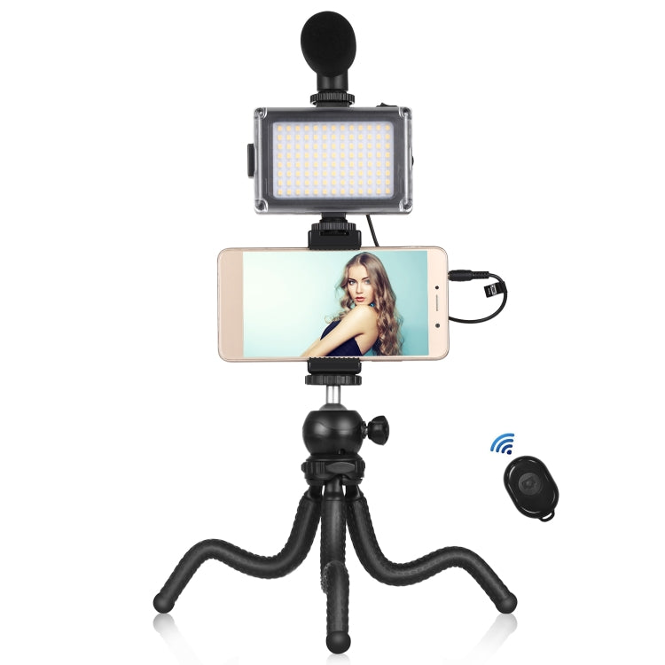 PULUZ 4 in 1 Vlogging Live Mini Octopus Bracket Kit + Studio Light + Microphone + Phone Clamp Kits — 4 in 1 Tripod
