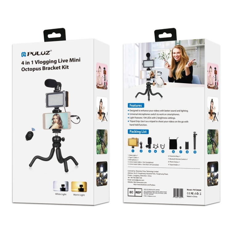 PULUZ 4 in 1 Vlogging Live Mini Octopus Bracket Kit + Studio Light + Microphone + Phone Clamp Kits — view 11